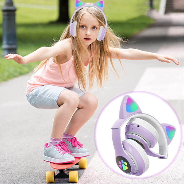 Barns Bluetooth trådlöst headset, söta kattöron, Bluetooth 5.0 med mikrofon och volymkontroll Barns hopfällbara trådlösa ljudheadset,