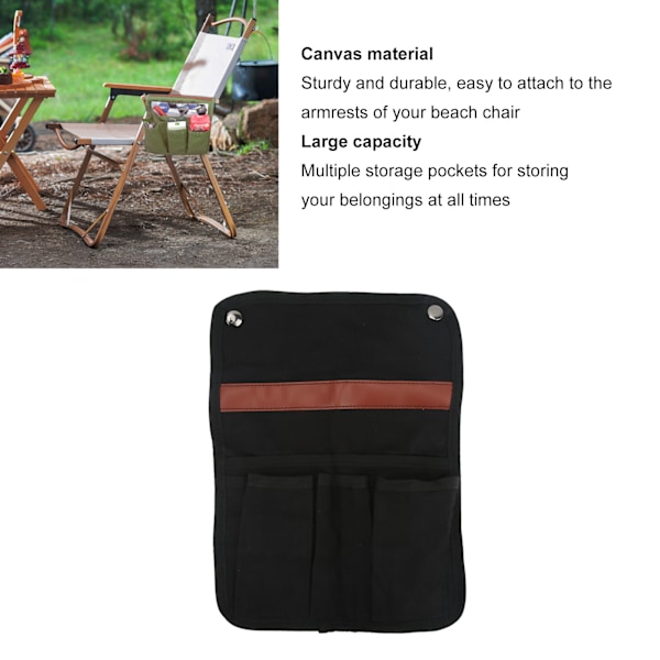 Campingstol hängande väska canvas armstöd sidoförvaringsväska med flera fickor för utomhusfiske picknick svart