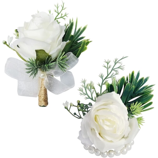 2PC simulerad bröllopsvit ros corsage - (handledsblomma+corsage)