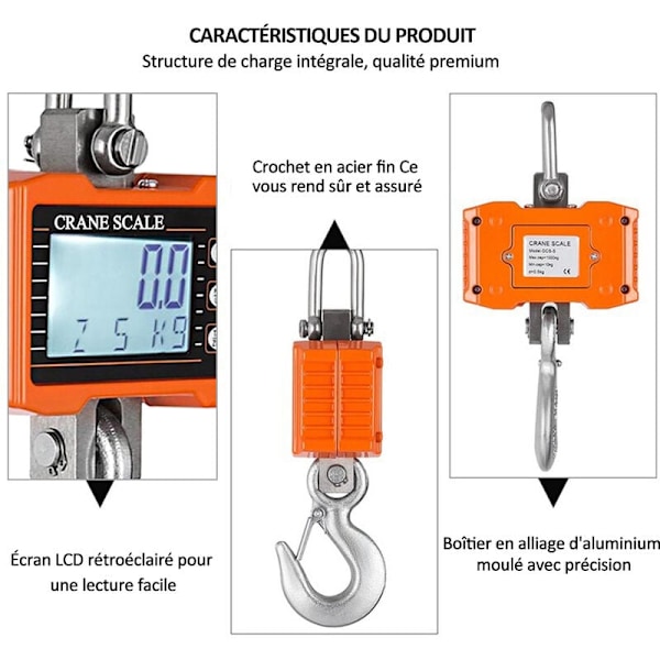 1000 kg elektronisk krokvåg med bakgrundsbelyst LCD-display kg/lbs enhetsbyte datahållning tara nollställ orange (utan batteri)