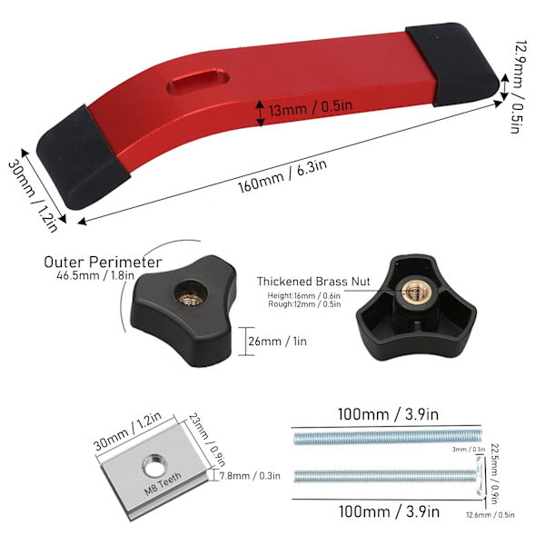 Hållfastklämma Set TTrack Metall M8 Tråd Kläm Jig Verktygsset för Träbearbetning (Röd)