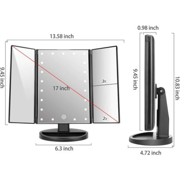 Sminkningsspegel med 21 LED-lampor, trippel förstorande spegel 2X/3X/1X justerbar pekskärm 180° rotation bordsspegel för kosmetika och daglig användning