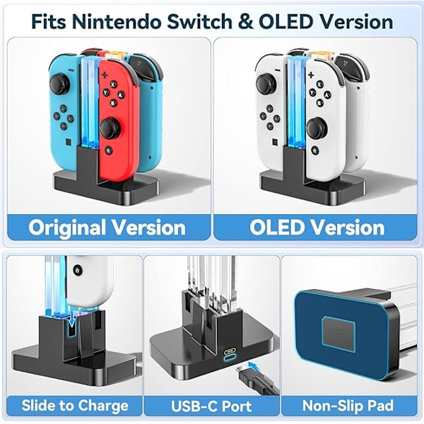 Laddningsstation för Switch, Laddare för Nintendo Switch/OLED, 2H Snabb Laddning för 4 Switch-kontroller, Laddningsdocka med LED-indikator och Kabel