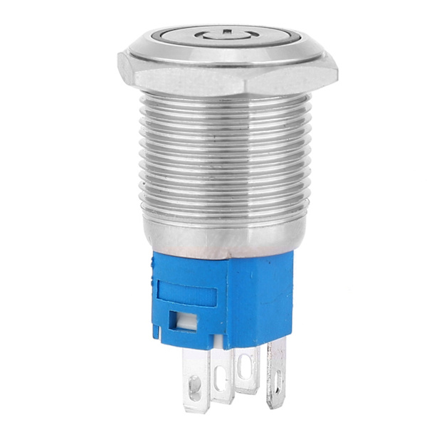 Gul LED Flat Rund Huvud Självåterställande Metall Tryckknapp Ring med Strömsymbol 16mm 12V