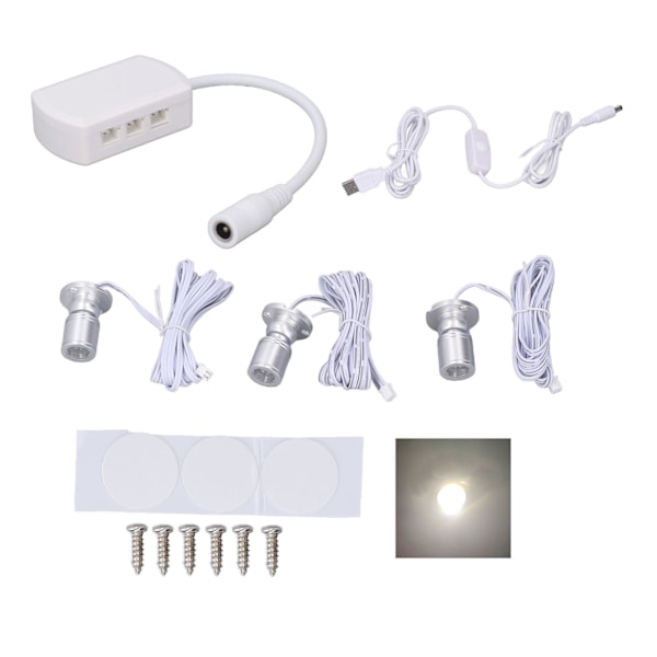 Mini LED Spotlights 5V USB Vitrinskåpsbelysning 1 till 3 Dimbar Liten Skåpbelysning för Smyckessamling Silver Naturligt Ljus