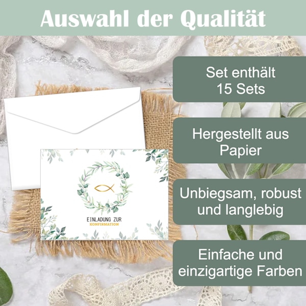 15x inbjudningskort till konfirmation med 15x kuvert inbjudningskort, papperskonfirmationskort med fisk guld, 10,5*14,8cm dop konfirmation