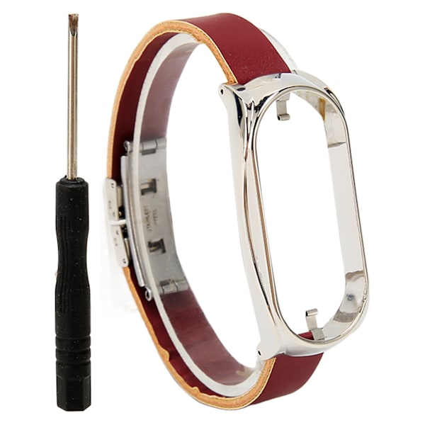 Rostfritt stål PU-läderrem med stötfångarskydd Smartwatch ersättningstillbehör Passar för Mi Band 7 Brun och silver