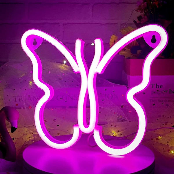 Fjärilsneonljusskylt - Rosa LED-neonljus för väggdekor, USB- eller batteridriven för sovrum, barnrum, vardagsrum, bar, fest, jul,