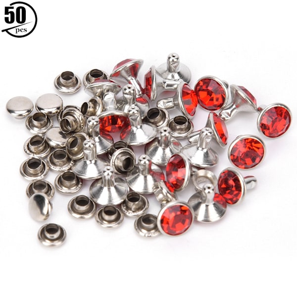 50 set Rhinestone-nitar Kristalldiamantnitar Läderhantverk Väska Kläder Dekoration 8mm Silverkant Röd Diamant