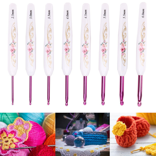 Virka krokar 8 st Mjuka halkfria bra grepp stickningsnålar set med märke för vävning Hembruk(Safflower Porcelain Pack of 8 )
