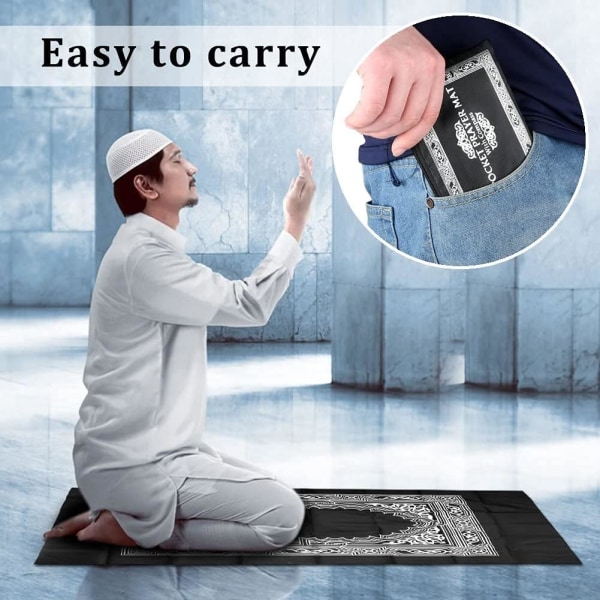 Bärbar färg muslimsk bönematta med kompass Bönmatta i fickstorlek Ompass Qibla Finder med häfte Vattentätt material (svart)