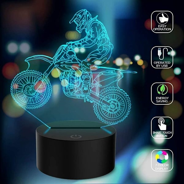 Nattlampa 3D Motocross Lamp, Motorcykel Illusion LED Nattlampa för Barnrum USB Dekoration 7 Färger Ändrar Leksaker Födelsedagspresenter för Fader Pojkar