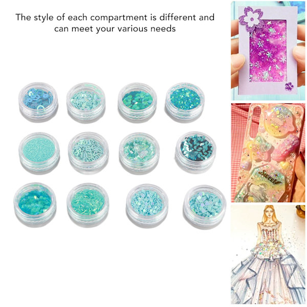 12 rutnät glitter set handgjorda DIY nagelkonst glitter set dekaler 3D nagelkonst dekorationer blå