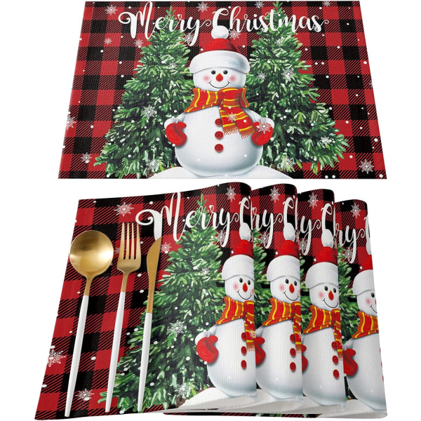 Julsnögubbe bordstabletter för matbord Set med 4 god jul söt snögubbe med julträd Röda och svarta buffelrutiga bordsmattor i bomullslinne