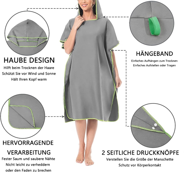 Surfponcho med integritetsskydd, grå strandhandduksrock i mikrofiber med snabbtorkande teknologi och justerbara ärmar, perfekt för multifunktion