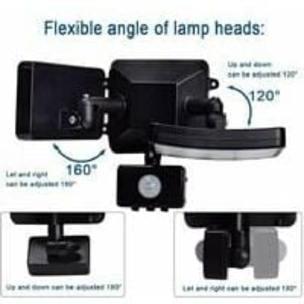 Led-strålkastare med justerbar rörelsesensor, dubbelhuvud Led-utomhusstrålkastare, IP65 vattentät, dagsljusvit, park, garage och entré