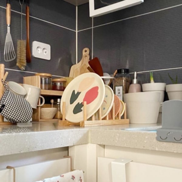 Köksorganisatör i furu, mångsidig diskställ för tallrikar skärbrädor koppar grytlock, enkel montering lättviktsdesign för kompakt