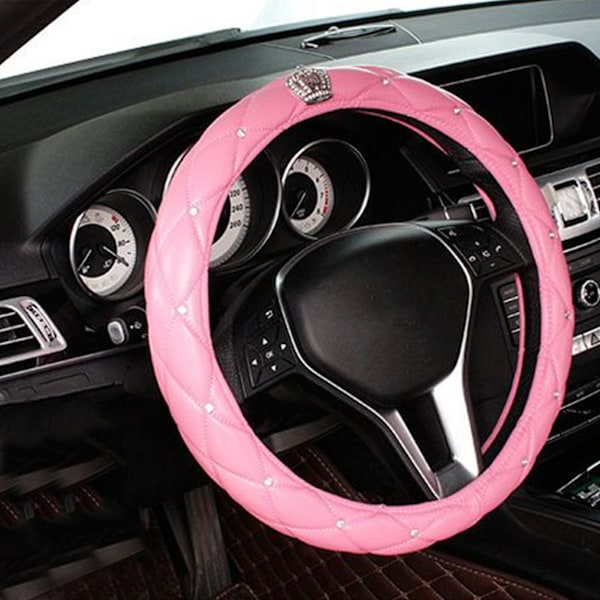Rattmuff för Kvinnor Söt Universal Antislip Pu Läder Strass Bil Rattmuff Rosa