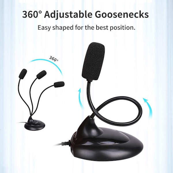 Mikrofon med mute-knapp, 360° justerbar svanhals, högupplöst ljud, brusreducering, klar ljudkvalitet, USB-driven, Plug & Play