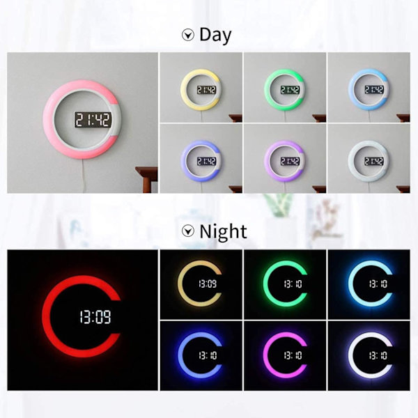 LED-väggklocka, 7 färger kan justeras temperaturdisplay väckarklocka, vardagsrum sovrumsdekorationer