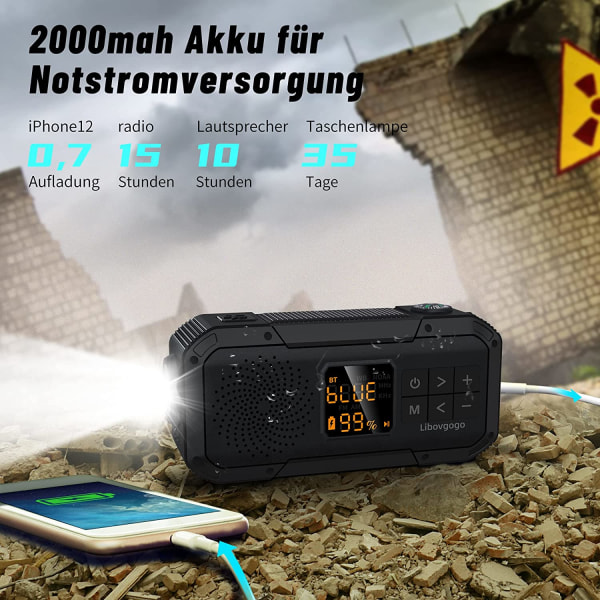 Uzoli Crank Radio Nödradio Solar Radio Bärbar Dynamo Radio med 3000 mAh batteri AM FM Bluetooth Torch SOS Alarm USB Power Bank Mobiltelefon