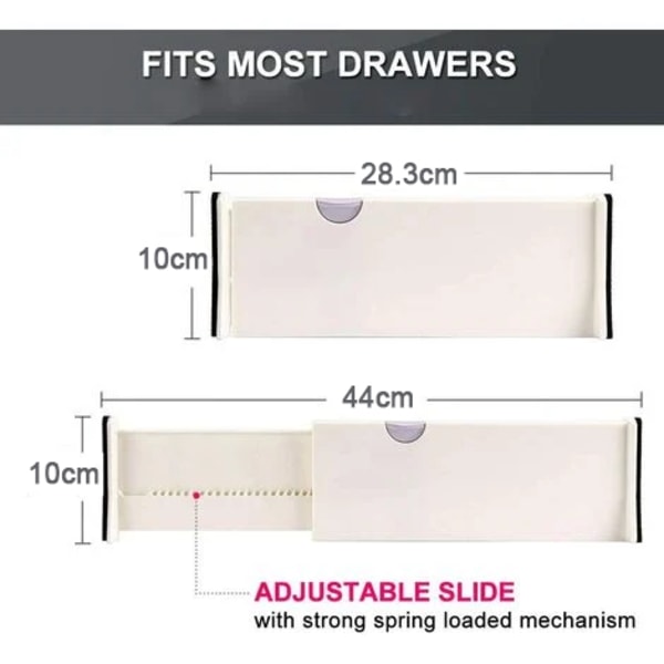 Låddelare (2-pack), justerbara lådarrangörer, (28,3 - 44 cm) Lådavdelare för kök, sovrum, badrum, kontor, garderob