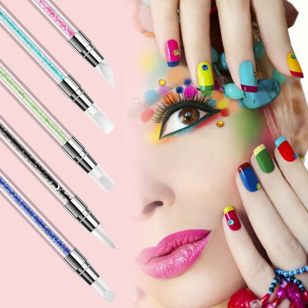 5 st Nail Art Skulptur Penna Dubbelspetsad Silikon Spikverktyg Strass Nagellack Snidning Penna Gummi Spets Nagelborstar