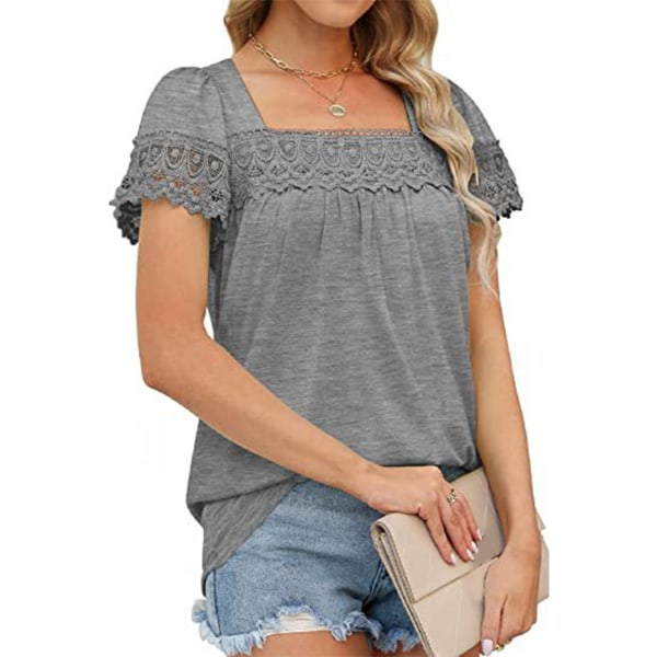Ljusgrå M spetsstygn kortärmad blus enfärgad kortärmad topp lös casual T-shirt för kvinnor