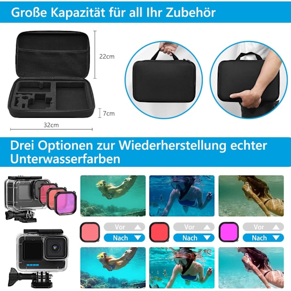 Tillbehörsset för GoPro Hero 10 / Hero 9 Black, oGoDeal Vattentätt Skyddande Fodral Snorklingstillbehör Cykelfäste Selfiepinne Huvud