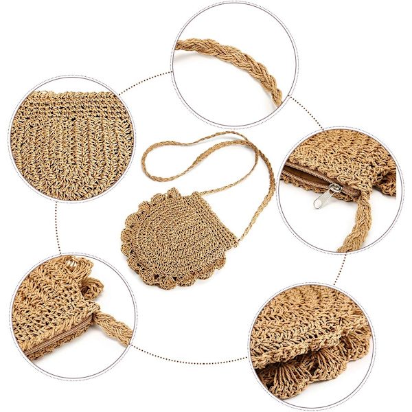 Halm Crossbody-väska, Dam Axelväska Retro Svampsnör Halmväska Casual Vävd Väska Kvinnor Axel Slung Strandväska Handväska(Ljusbrun)