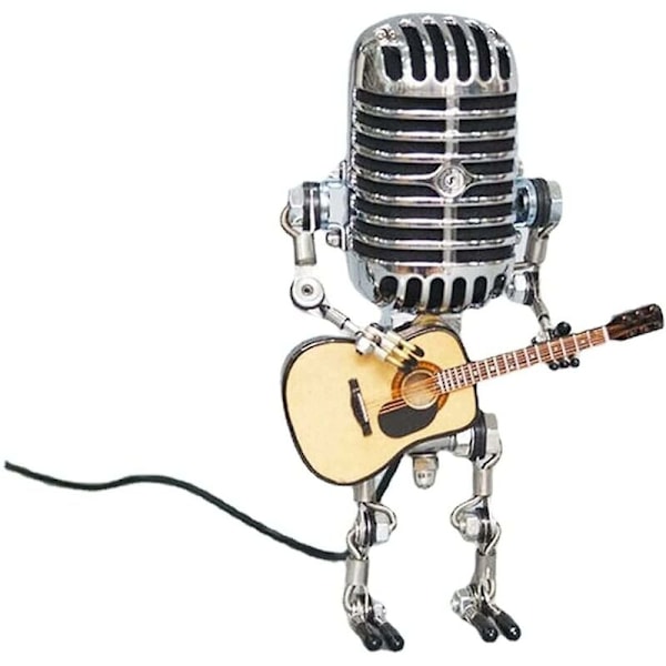 Unik Mikrofon Robot Lampa, Metall Mikrofonrobot med Mini Gitarr, Retro Metall Industriell Stil Skrivbordslampa för Heminredning, Justerbara Leder för
