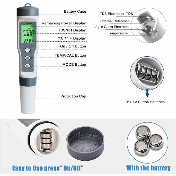 Readcly - PH-testare, elektronisk 3-i-1 pH-testare för simbassänger, TDS-termometer, vattenkvalitetstestare med LCD-display och avläsningsnoggrannhet, för