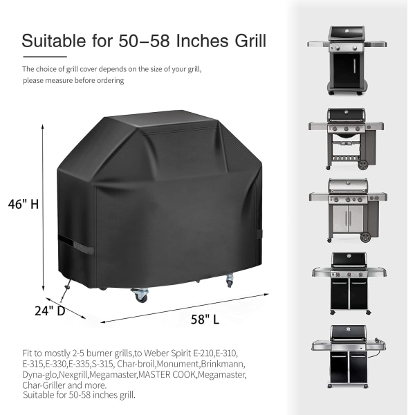 BBQ-grillöverdrag 58 tum 420D kraftigt vattentätt gasgrillöverdrag för Weber Genesis, 3-4 brännare Charbroil grillöverdrag