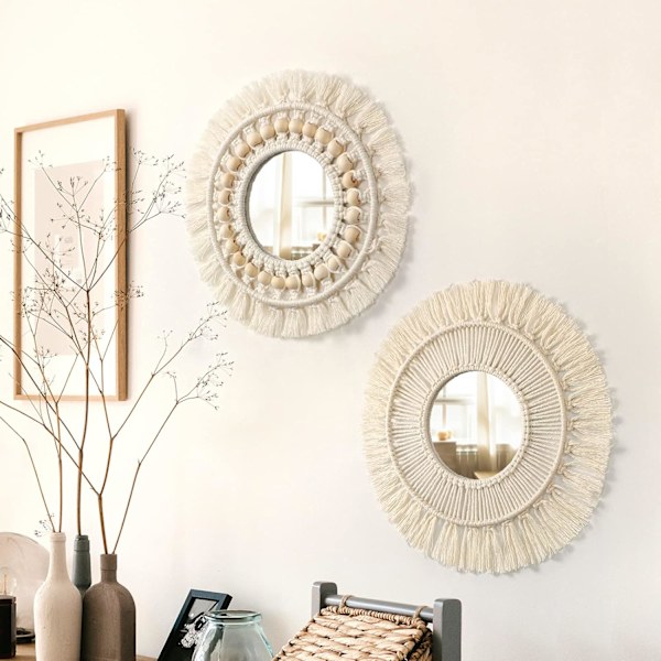 2-pack Macrame väggmonterad spegel med vävd frans Boho rund dekorativ spegel för lägenhet sovrum vardagsrum heminredning vit 2
