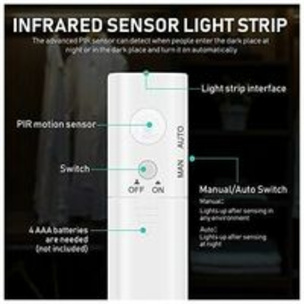 LED-remsa med rörelsesensor - 1M självhäftande batteridriven LED-remsa, IP65 vattentät LED-remsa, batteridriven LED-remsa, 6000K varmvit ljusremsa