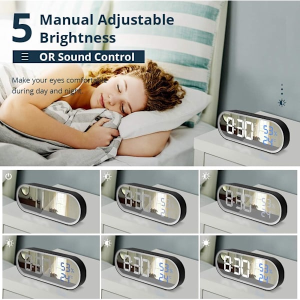 Spegels digital väckarklocka, LED digital klocka, stor tids-/temperatur-/fuktighetsdisplay, 40 musikringsignaler, snooze, bärbar morgonväckarklocka, USB