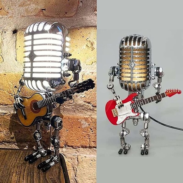 Unik Mikrofon Robot Lampa, Metall Mikrofonrobot med Mini Gitarr, Retro Metall Industriell Stil Skrivbordslampa för Heminredning, Justerbara Leder för