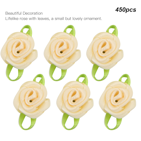 450 st mini bandros dekoration rosett blomma med blad prydnad för DIY sömnad hantverk beige