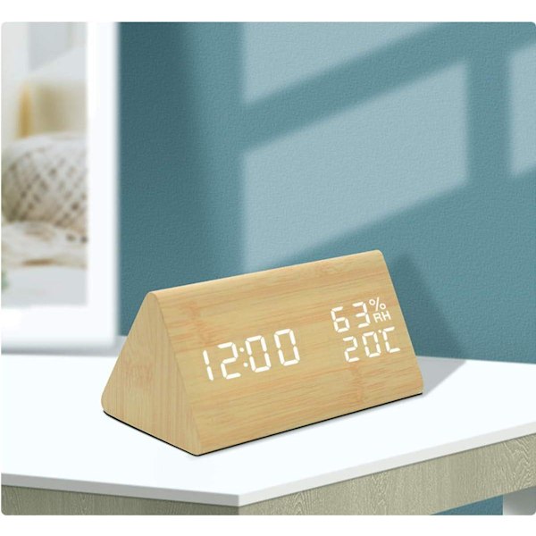 LED-väckarklocka i trä, digital klocka med 3 alarm inställningar, USB-driven digital väckarklocka som visar tid, temperatur och luftfuktighet,