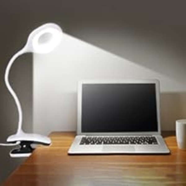 LED-skrivbordslampa klämlampa, 28LED-skrivbordslampa, med tre belysningslägen steglös dimning sänglampa boklampa (vit), klämlampa med 1 USB-laddningsport