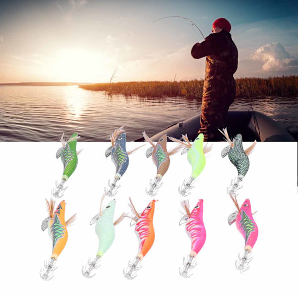 10 st bläckfisk jigg krok hård fiskedrag ljus trä fiske räkor lockbete kit