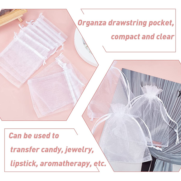 100 st vita organza påsar 9x12cm genomskinliga organza påsar med dragsko för små föremål presenter smycken förpackning och organisering