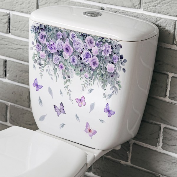 Utsökta Toalettdekaler med Blommor, Lila Växt-, Ros- och Fjärilsmotiv Förhöjer Din Badrumsinredning, Självhäftande PVC-material Ger Enkel Applicering