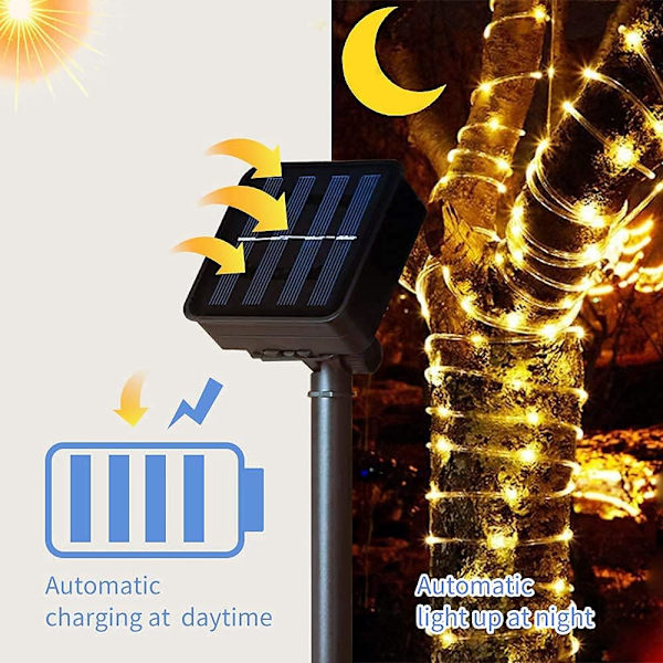 Solcellsbelysning med repform 10m 100 LED-lampor IP65 Vattentät Utomhus LED Koppar Fairy String Tube Ljus för Fest Trädgård Gräsmatta Hem Bröllop Jul Semesterträd