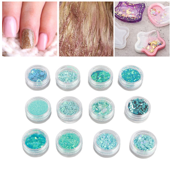 12 rutnät glitter set handgjorda DIY nagelkonst glitter set dekaler 3D nagelkonst dekorationer blå