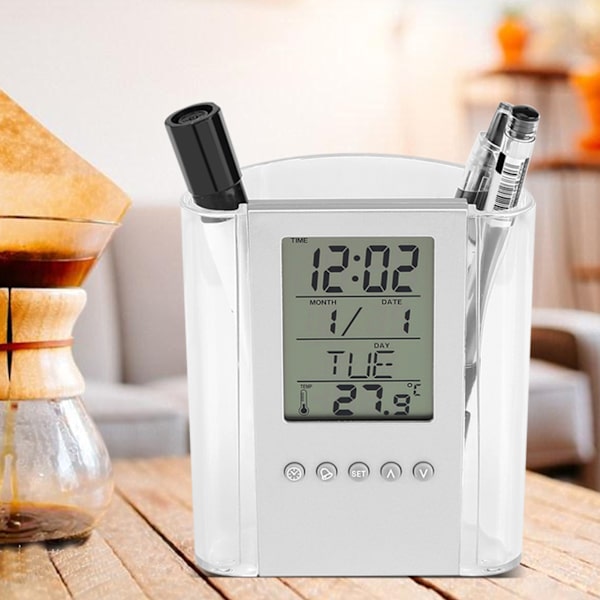Multifunktionell pennhållare digital skrivbordsalarmklocka kalender temperaturtimer