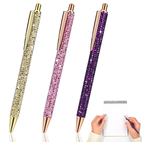 3 st Bling Metallkulspetsor Glitter Kulspetspennor Retractable Kulspetspennor Svart Bläckpennor för Present, Skrivande, Journaling, Ritning, Skola, Kontor, Hem