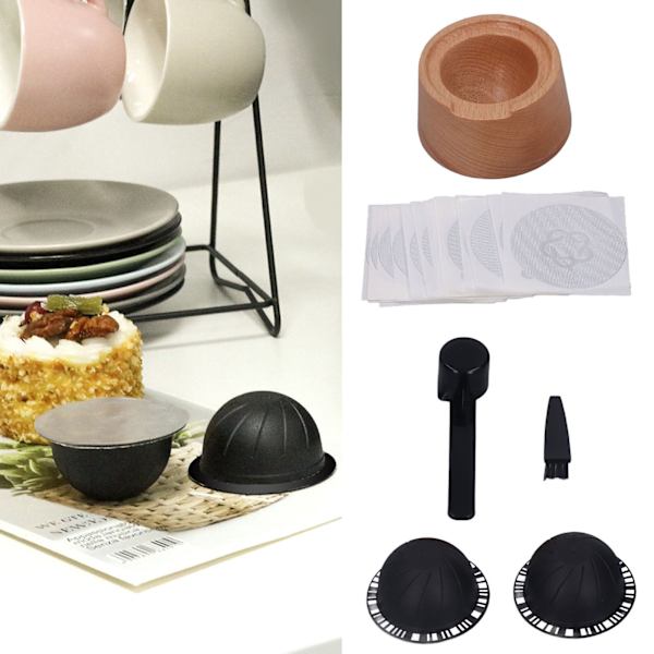 Kaffekapsel Filterkopp Kit Svart med Bokhållare Aluminiumfolie Sked Borste 230ml Återanvändbar Kaffepulverpåfyllning
