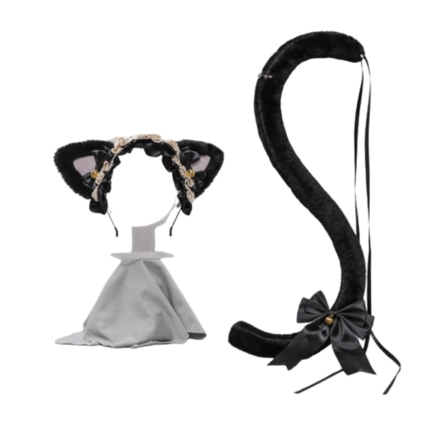 Kattöron och set | Furry Cat Ears Pannband med svans |