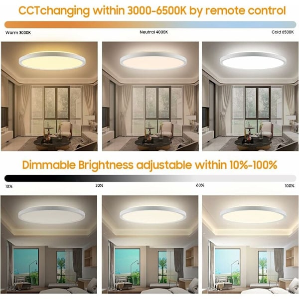 Dimbar Ultratunn Design för Badrum Vardagsrum, Röststyrning Appstyrning Smart LED Taklampa 24W 3200lm, Energibesparande Lampor Enkel